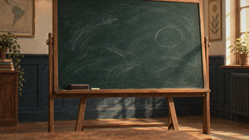 A chalkboard on an easel in an empty classroom.