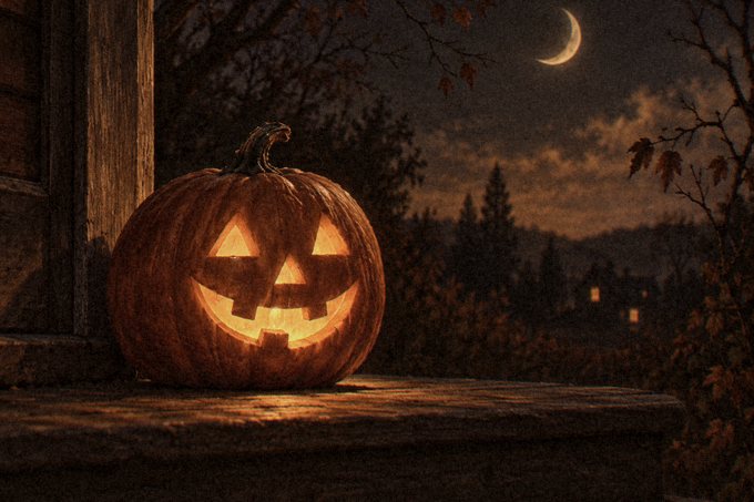 A carved pumpkin lit from within on a wooden step under a crescent moon.