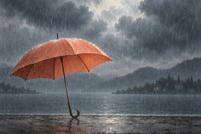 An open umbrella in falling rain under heavy clouds.