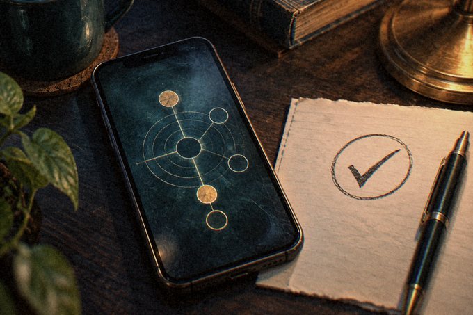 A phone on a dark desk showing a clue, beside a circled check mark on paper.