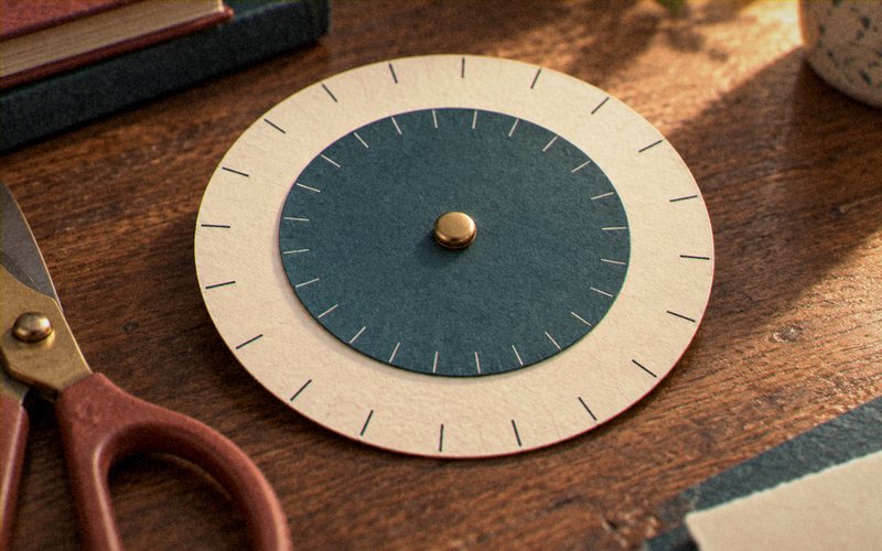 A hand-cut paper decoder wheel of two discs joined by a brass pin.