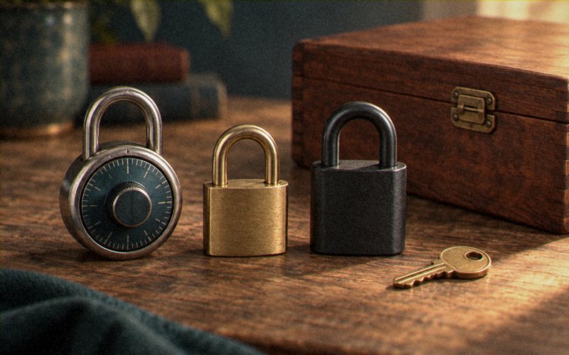Three padlocks in a row on a wooden table beside a closed box.