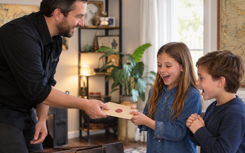 An adult handing a wax-sealed envelope to two delighted children, a wooden chest in front of them.