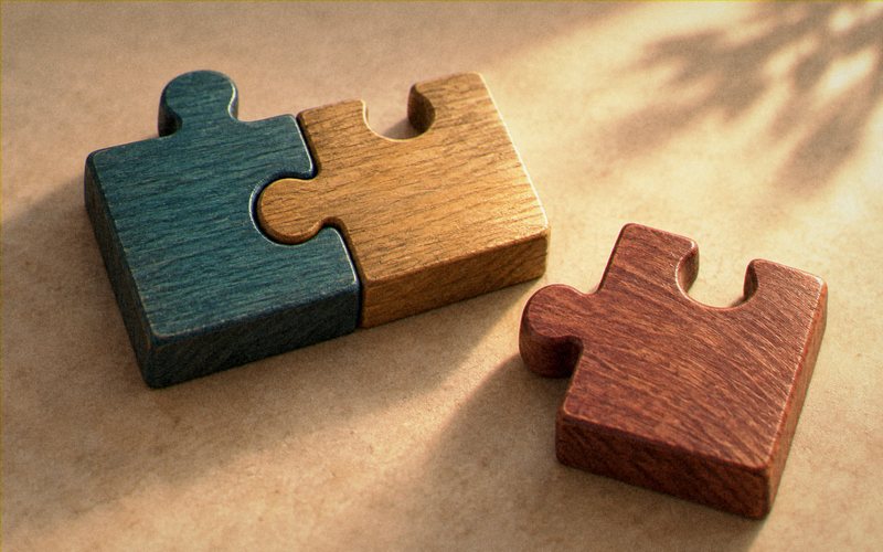 Three interlocking wooden puzzle pieces on a warm surface.
