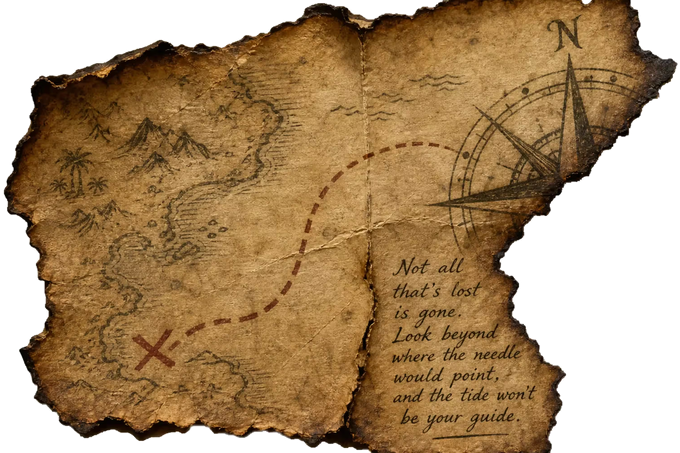 A torn fragment of a hand-drawn treasure map with a dotted route, a compass rose and a marked X.
