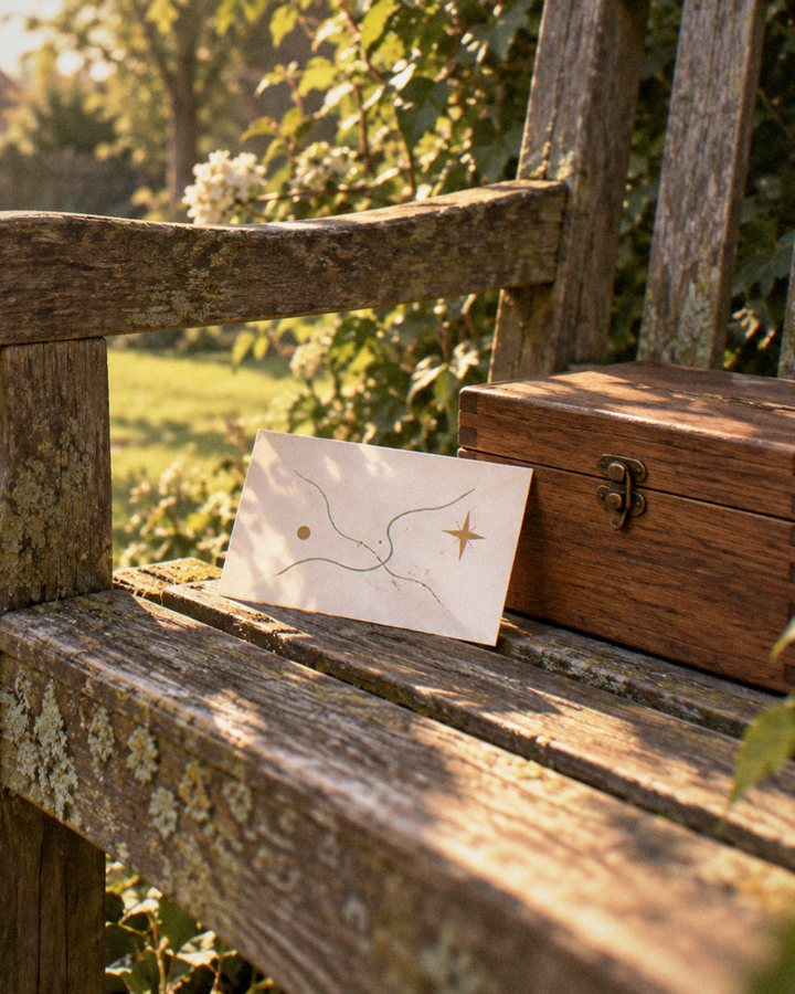 A clue card left beside a wooden box, photographed from above.